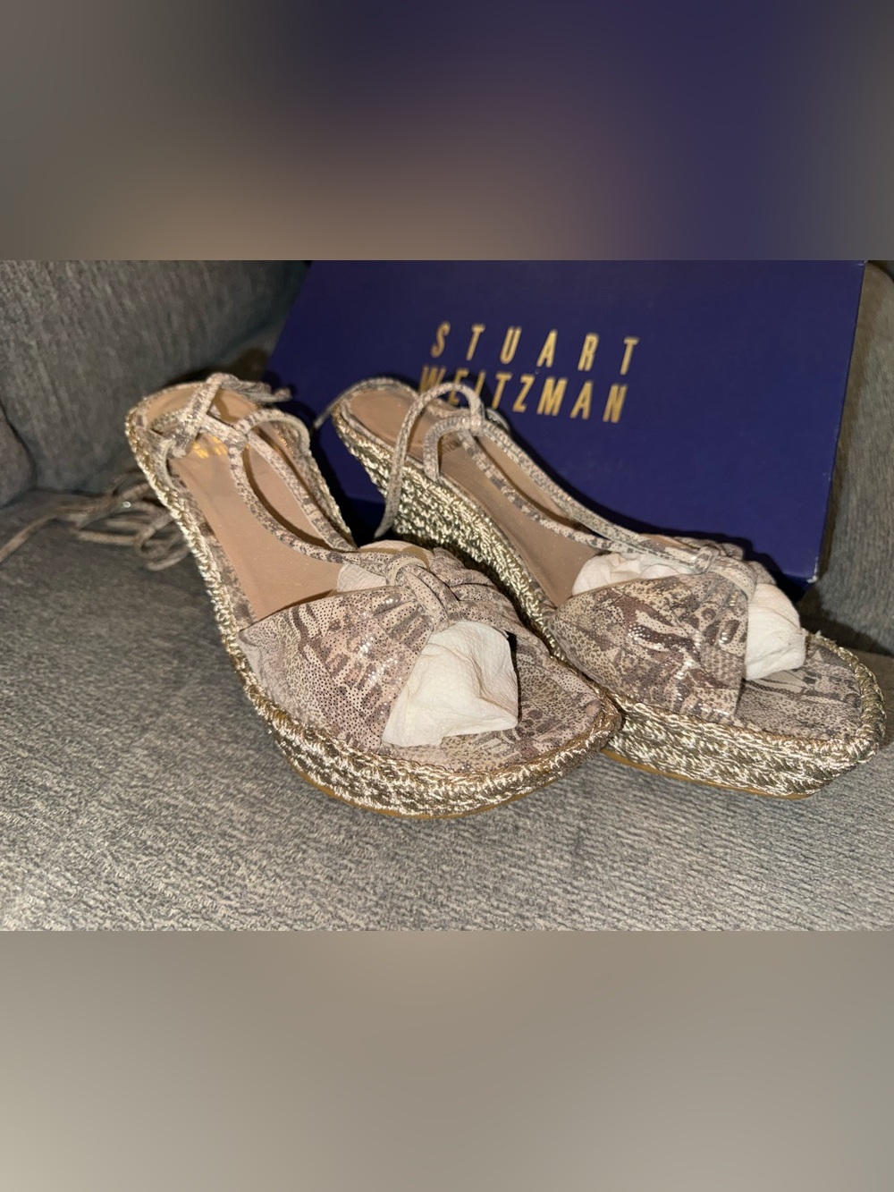 Stuart Weitzman Taupe Snake-Print Espadrille Wedge Sandals
